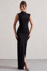 Black Ruched High-Neck Maxi Dress With Split